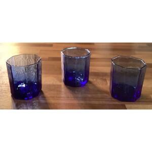 Set of 3 Vintage Libbey Facet Glasses Cobalt Blue Octagon 3.75”